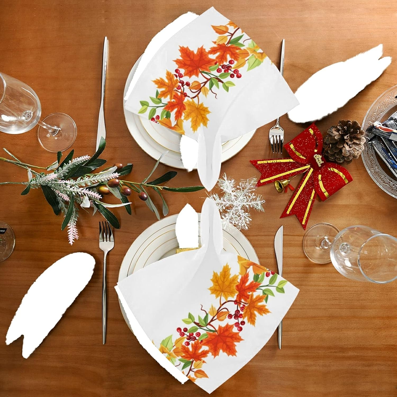 Thanksgiving Day Cloth Napkins Set of 6, Autumn Leaves Square Premium Polyester Table Linen for Thanksgiving Day Dinner Parties