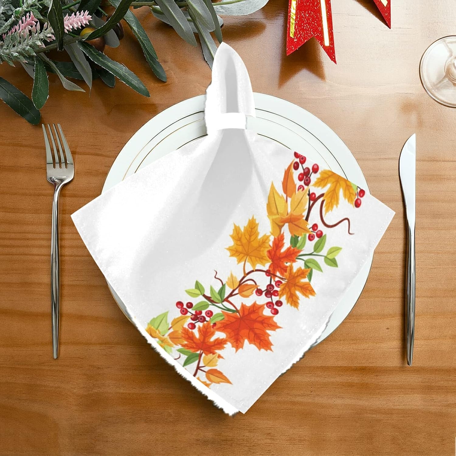 Thanksgiving Day Cloth Napkins Set of 6, Autumn Leaves Square Premium Polyester Table Linen for Thanksgiving Day Dinner Parties