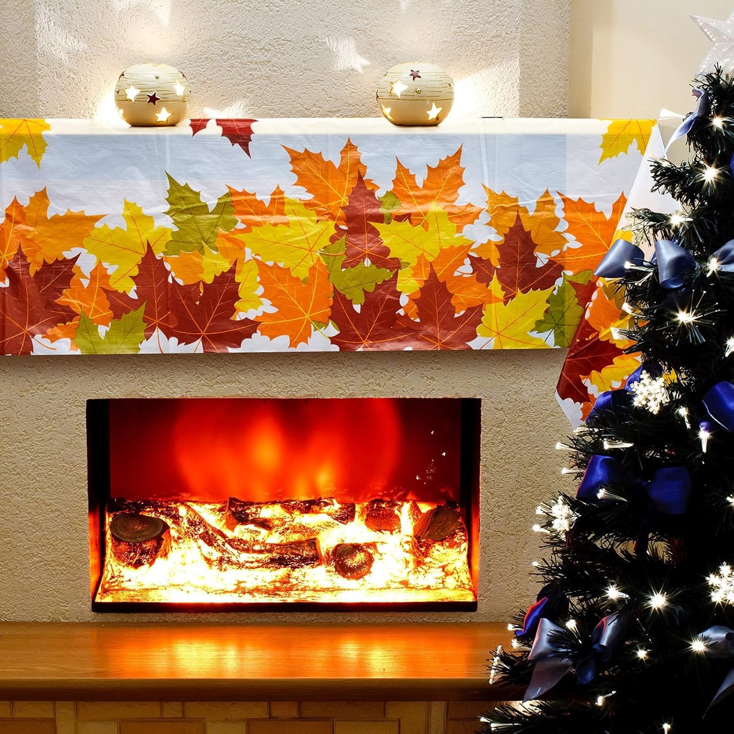 Thanksgiving Fall Leaf Tablecloth Autumn Maple Leaf Table Cover Waterproof Rectangle Plastic Table Cover for Thanksgiving Decoration Curtain Restaurant Camping (2 Pieces)