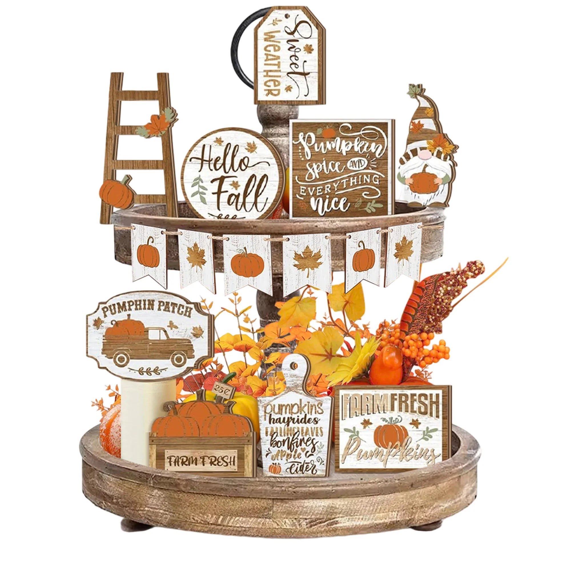 Fall Harvest Wooden Pumpkin and Maple Leaf Table Centerpiece Set of 12 Thanksgiving Tiered Tray Decorations for Home and Party