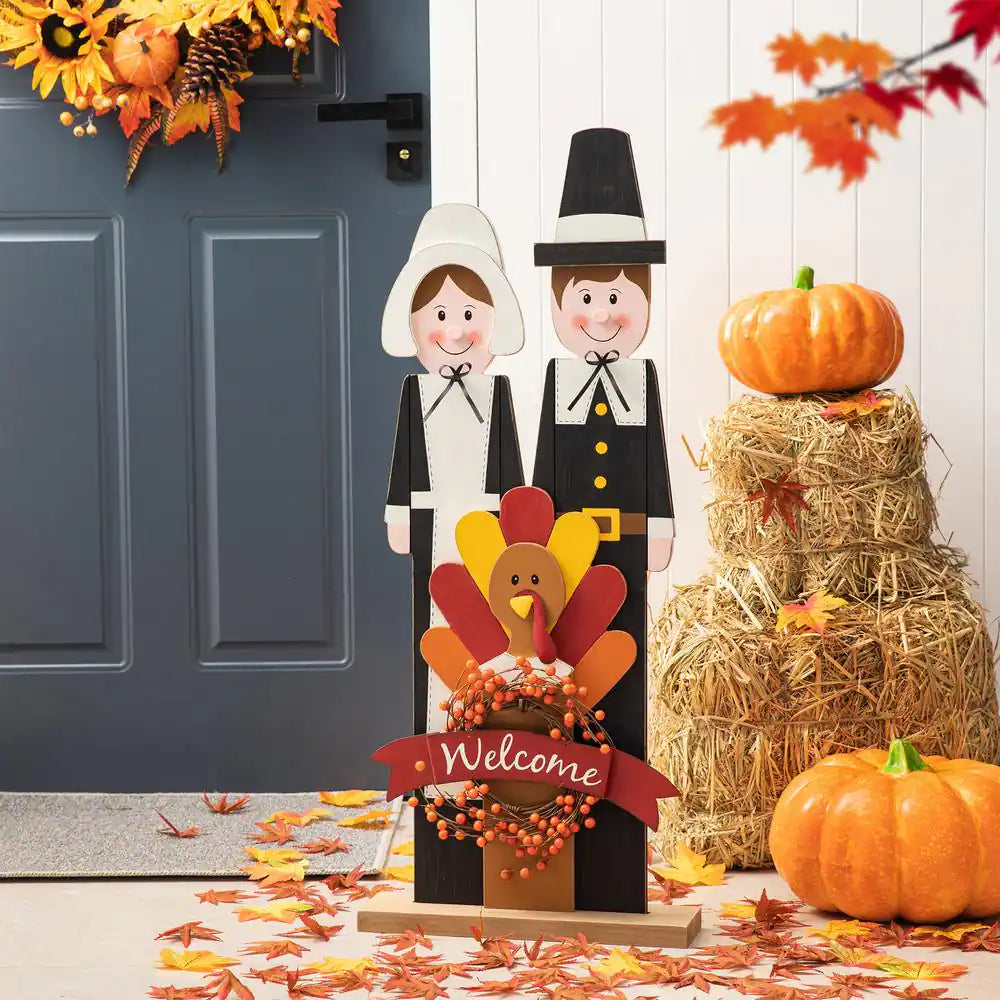 36 In. H Thanksgiving Wooden Pilgrim Couple Poch Decor