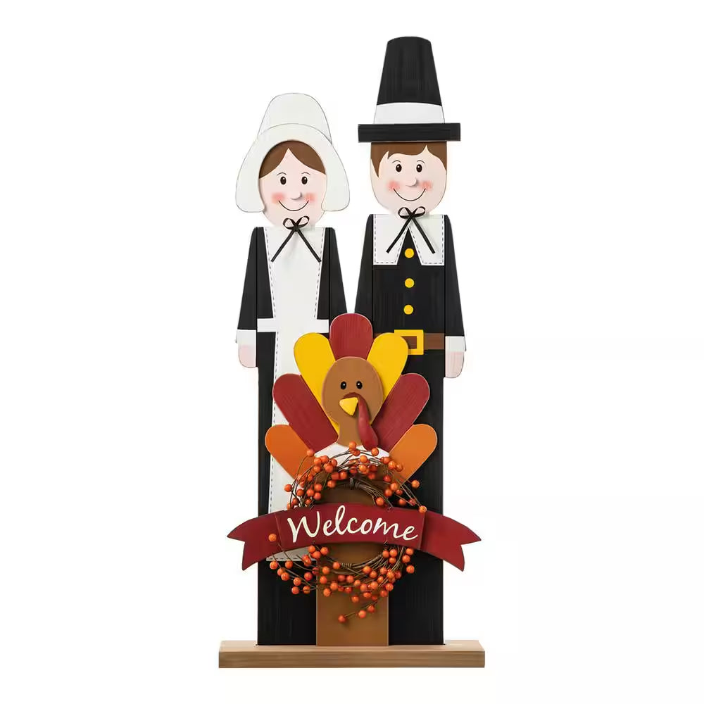 36 In. H Thanksgiving Wooden Pilgrim Couple Poch Decor