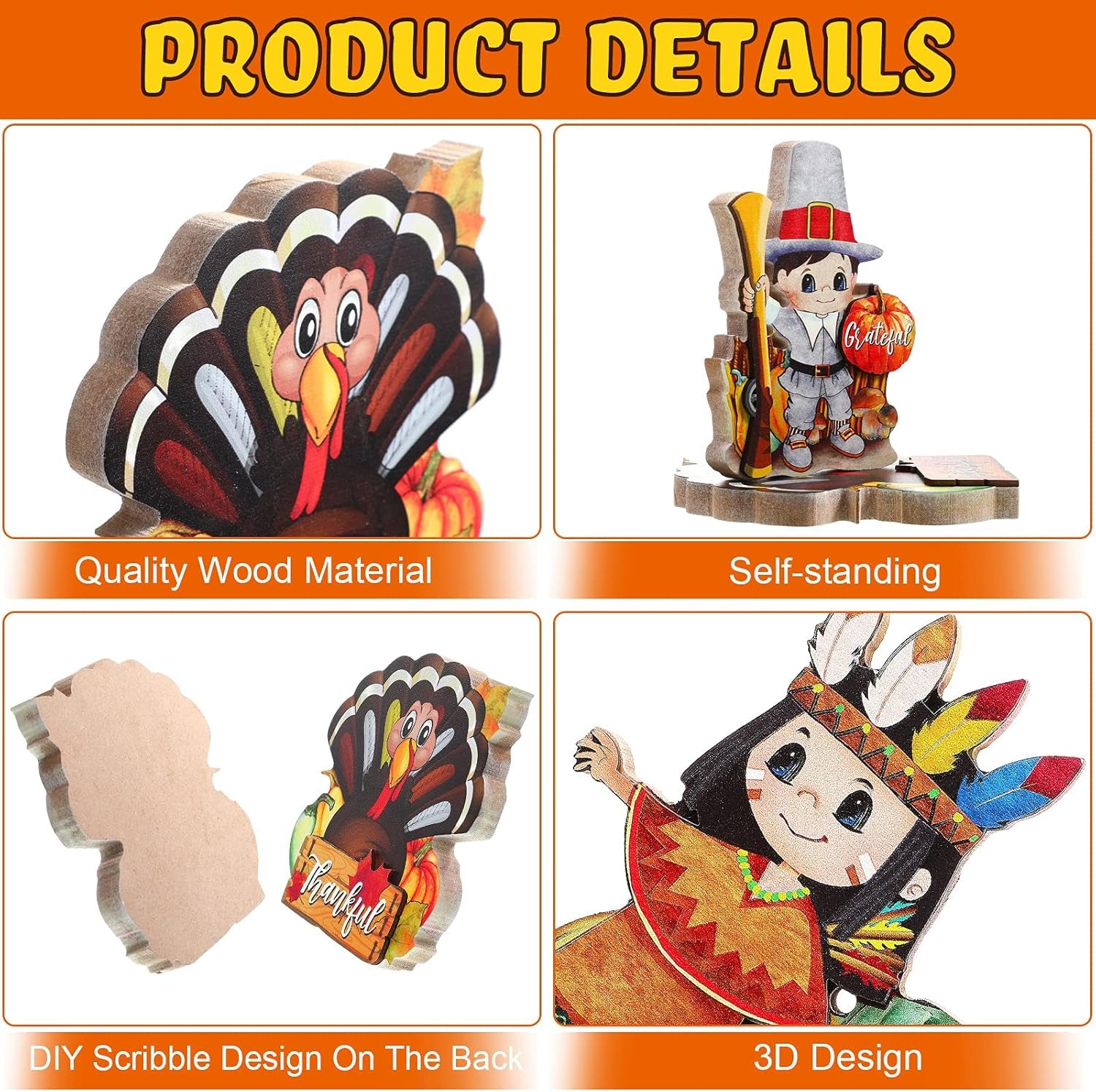 3 Pieces Thanksgiving Decorations Indoor Table Centerpiece for Home Wooden Signs Autumn Harvest Turkey Display for Thanksgiving Party Supplies (Indian Girl, Turkey, Pilgrim Style)
