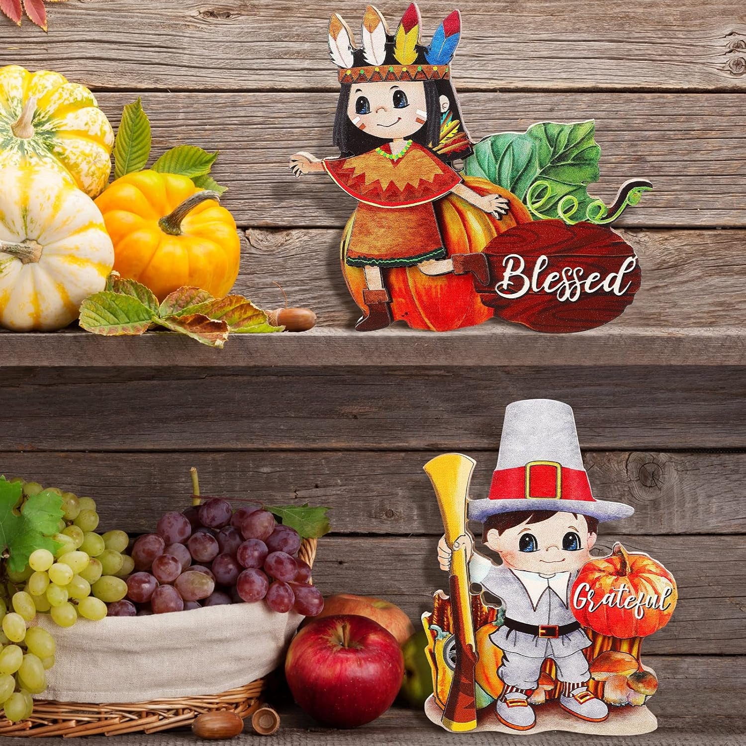 3 Pieces Thanksgiving Decorations Indoor Table Centerpiece for Home Wooden Signs Autumn Harvest Turkey Display for Thanksgiving Party Supplies (Indian Girl, Turkey, Pilgrim Style)