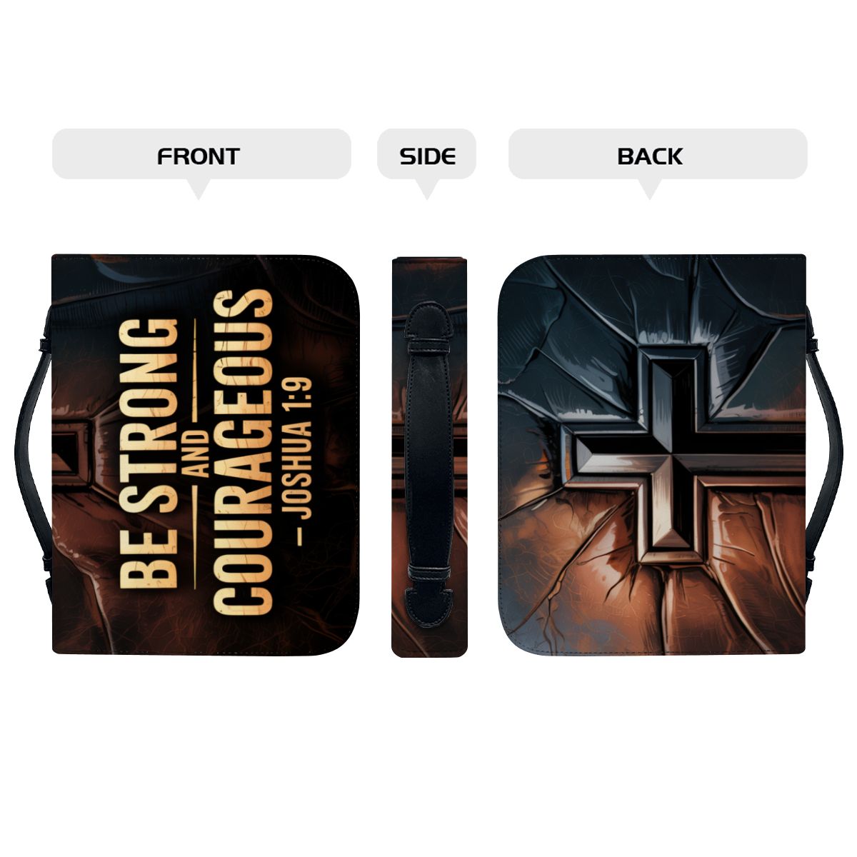 "Be Strong and Courageous" Bible Cover – Joshua 1:9 Scripture Case with Rugged Cross Design – Christian Gift for Men & Boys