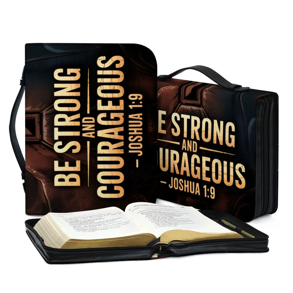 "Be Strong and Courageous" Bible Cover – Joshua 1:9 Scripture Case with Rugged Cross Design – Christian Gift for Men & Boys