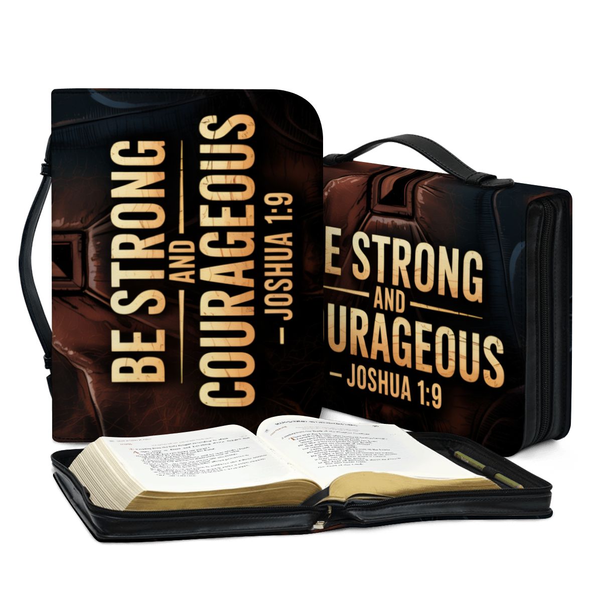 "Be Strong and Courageous" Bible Cover – Joshua 1:9 Scripture Case with Rugged Cross Design – Christian Gift for Men & Boys