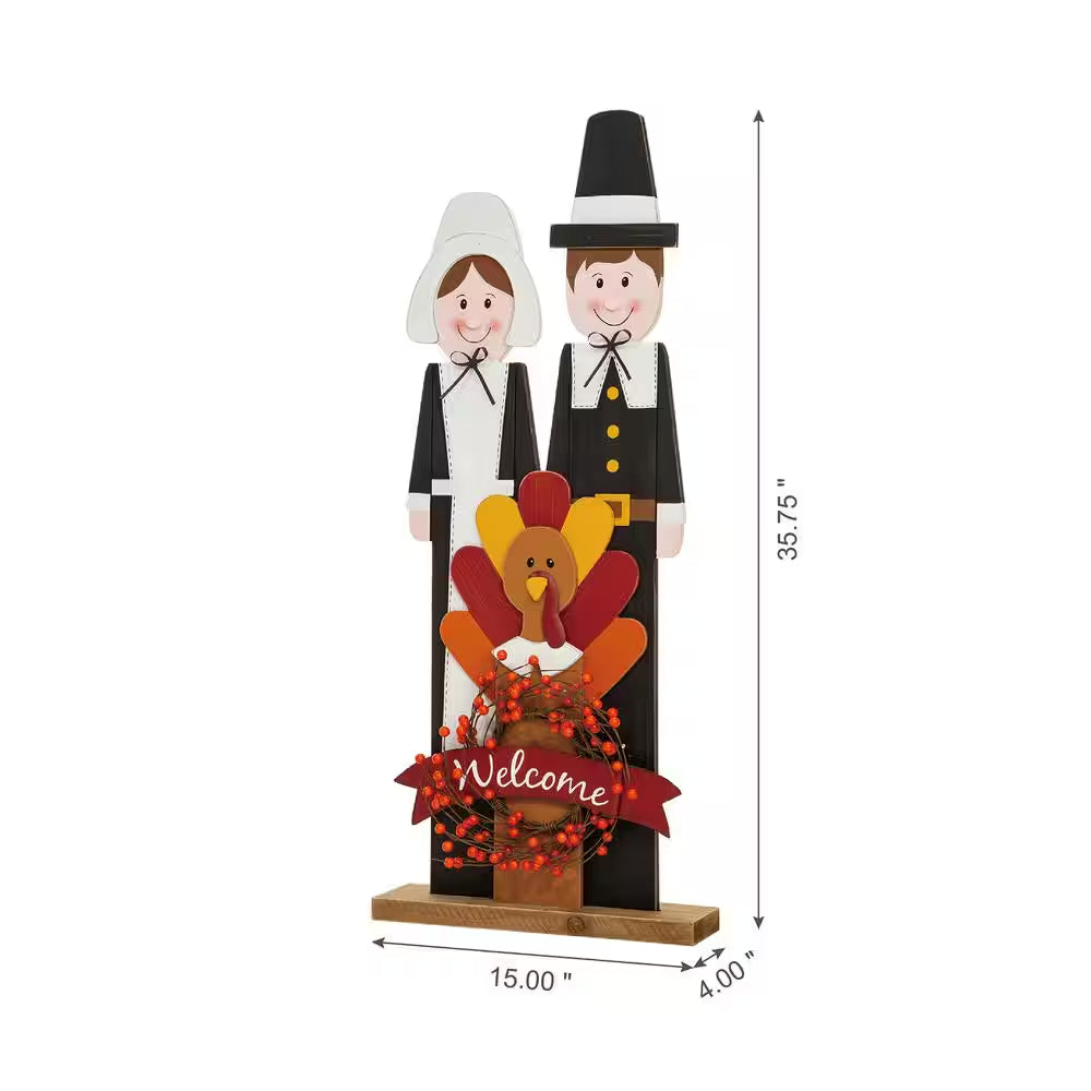 36 In. H Thanksgiving Wooden Pilgrim Couple Poch Decor