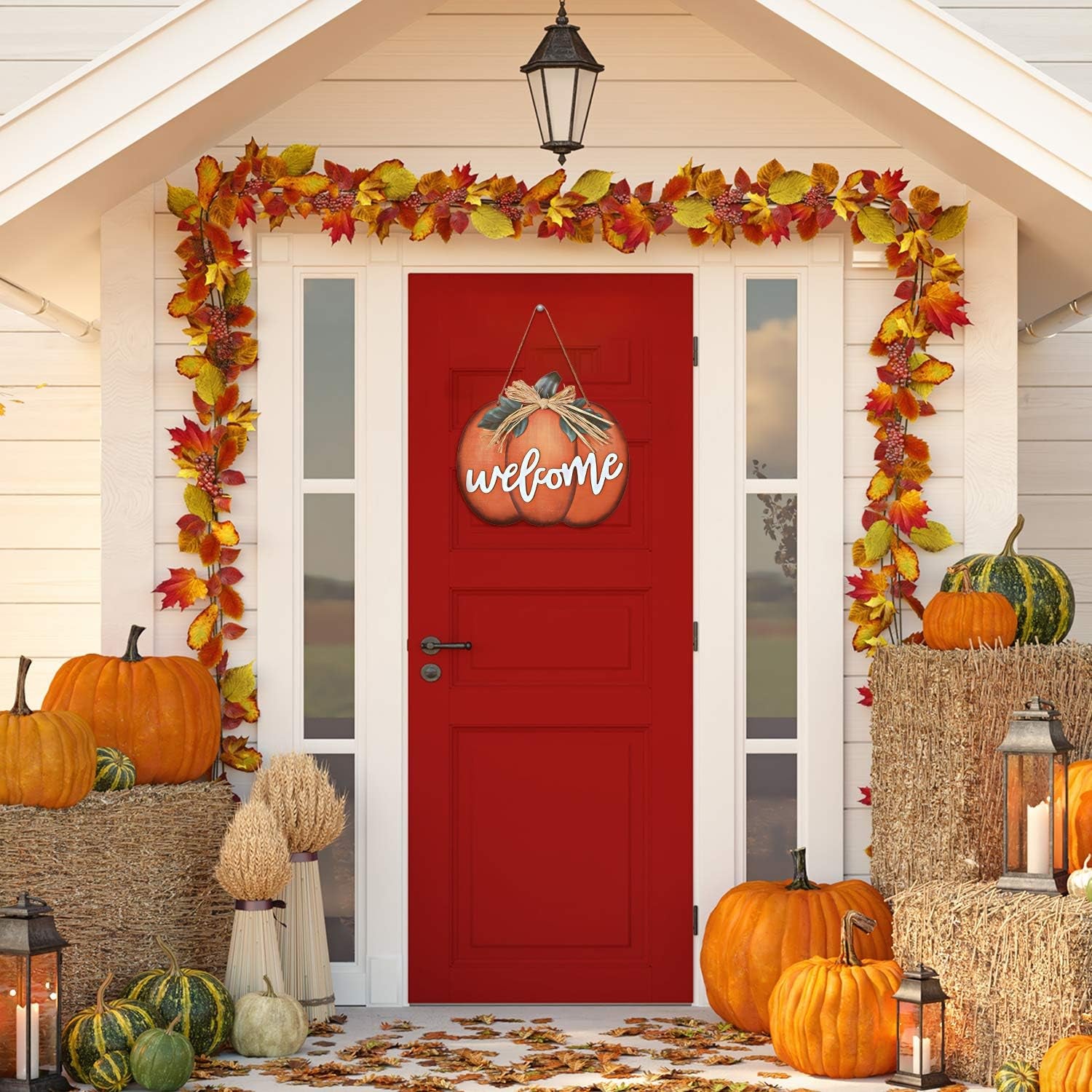 Fall Decor Pumpkin Welcome Sign Thanksgiving Door Hanger Wooden Pumpkin Decor Hanging Porch Sign for Autumn Harvest Thanksgiving Farmhouse Wall Decoration(Orange)