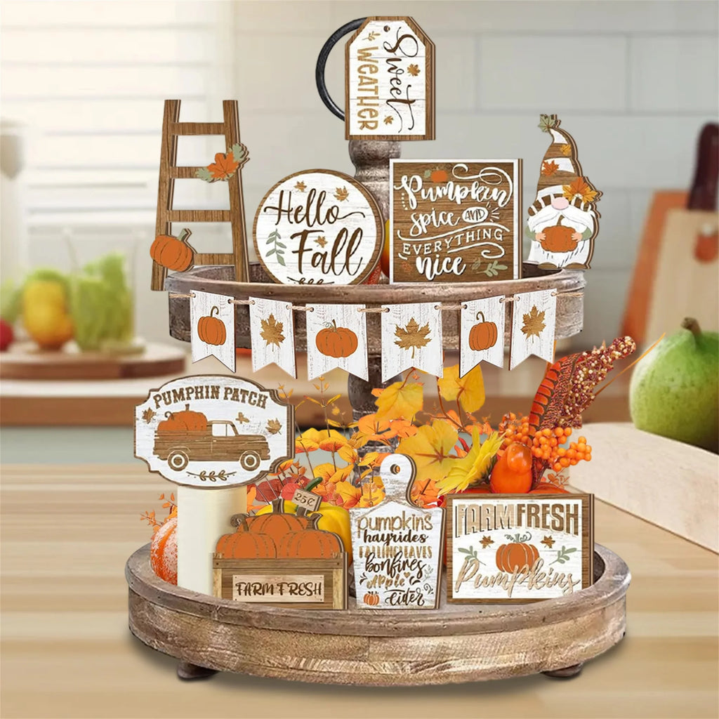 Fall Harvest Wooden Pumpkin and Maple Leaf Table Centerpiece Set of 12 Thanksgiving Tiered Tray Decorations for Home and Party
