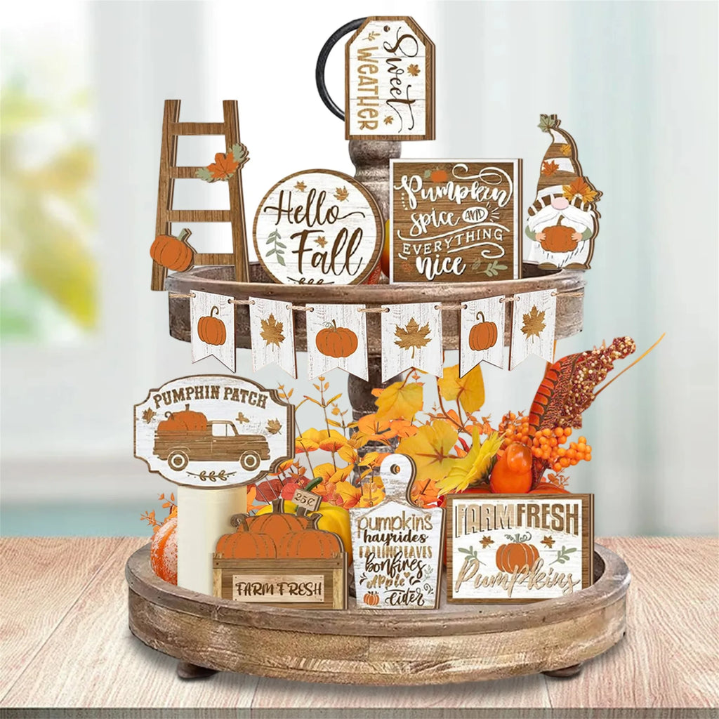 Fall Harvest Wooden Pumpkin and Maple Leaf Table Centerpiece Set of 12 Thanksgiving Tiered Tray Decorations for Home and Party
