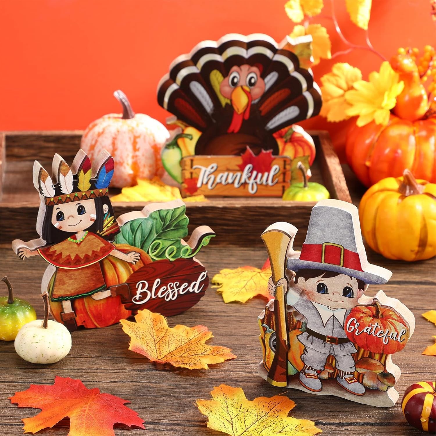 3 Pieces Thanksgiving Decorations Indoor Table Centerpiece for Home Wooden Signs Autumn Harvest Turkey Display for Thanksgiving Party Supplies (Indian Girl, Turkey, Pilgrim Style)