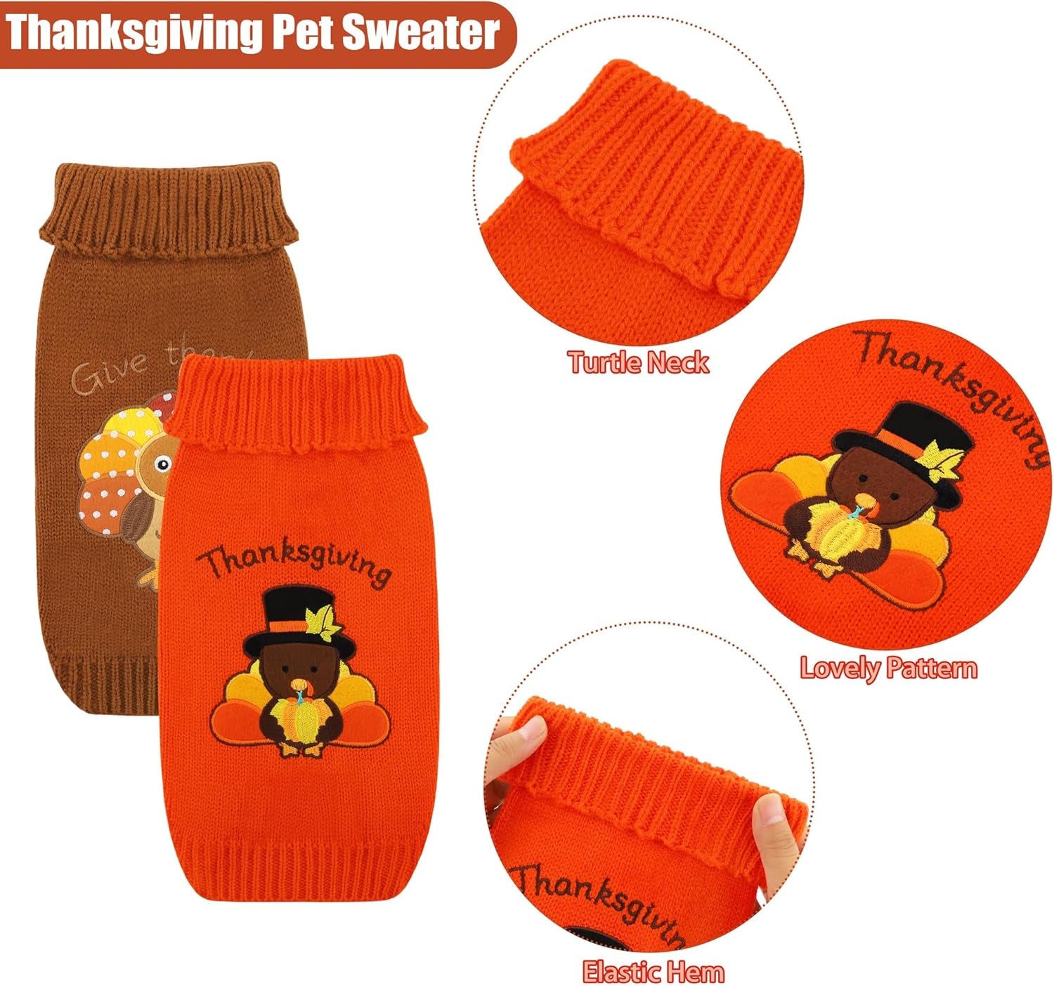 2 Pack Thanksgiving Dog Sweaters Turkey Puppy Dog Clothes Pet Warm Knitwear for Thanksgiving, Holiday, Party Gift, Orange, Brown