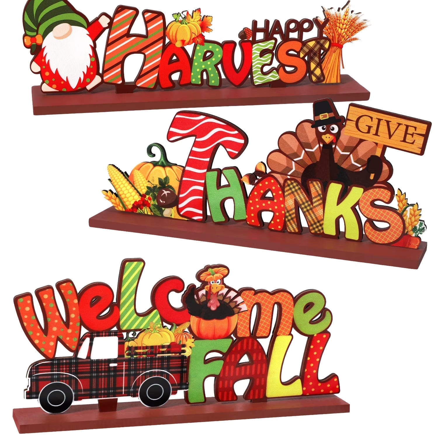 3Pcs Thanksgiving Decorations Indoor, Thanksgiving Table Decor, Turkey Pumpkin Fall Decor, Wooden Signs Decor