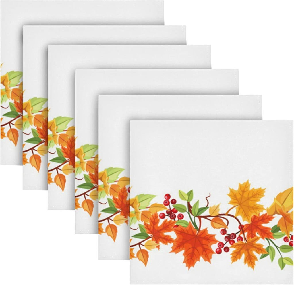 Thanksgiving Day Cloth Napkins Set of 6, Autumn Leaves Square Premium Polyester Table Linen for Thanksgiving Day Dinner Parties