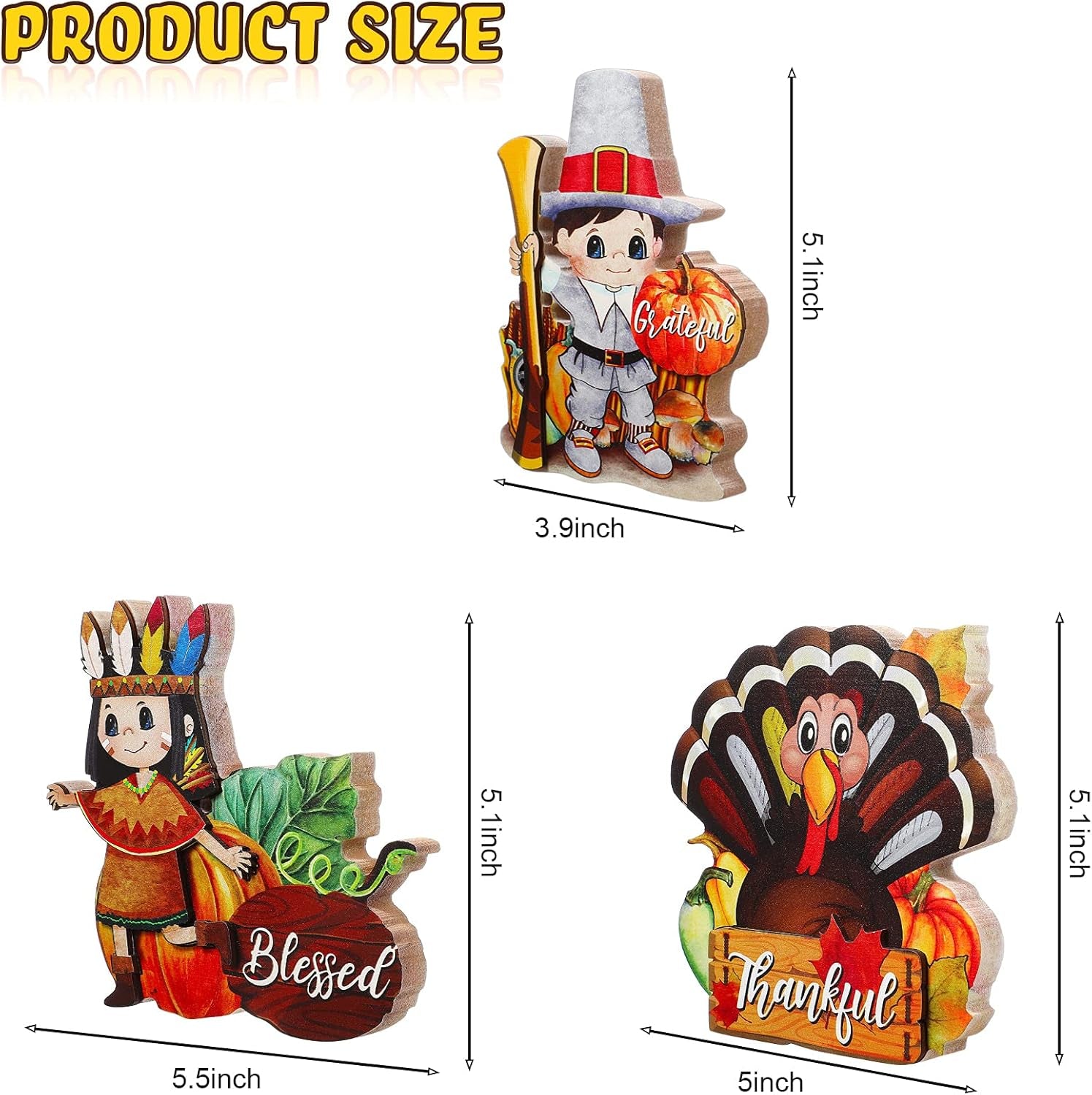 3 Pieces Thanksgiving Decorations Indoor Table Centerpiece for Home Wooden Signs Autumn Harvest Turkey Display for Thanksgiving Party Supplies (Indian Girl, Turkey, Pilgrim Style)