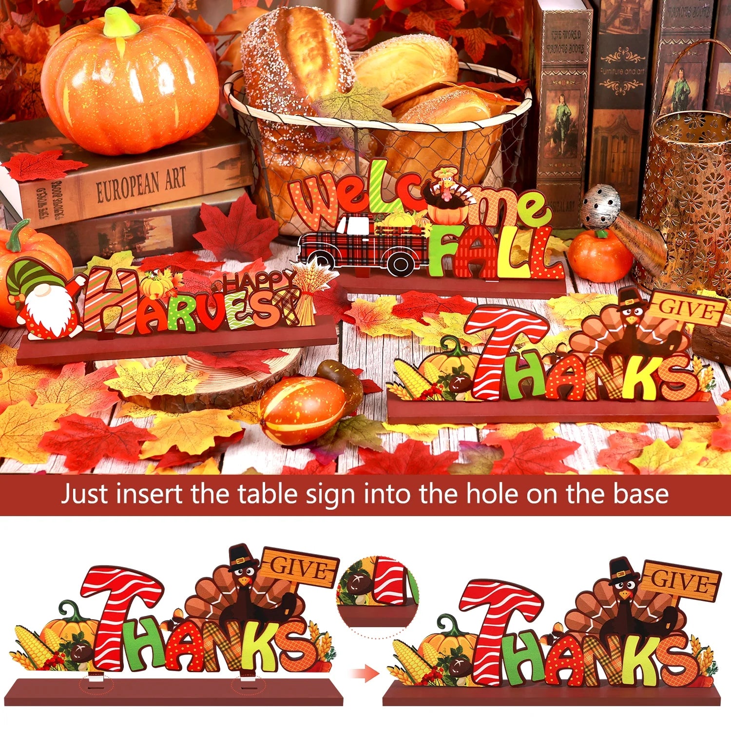 3Pcs Thanksgiving Decorations Indoor, Thanksgiving Table Decor, Turkey Pumpkin Fall Decor, Wooden Signs Decor