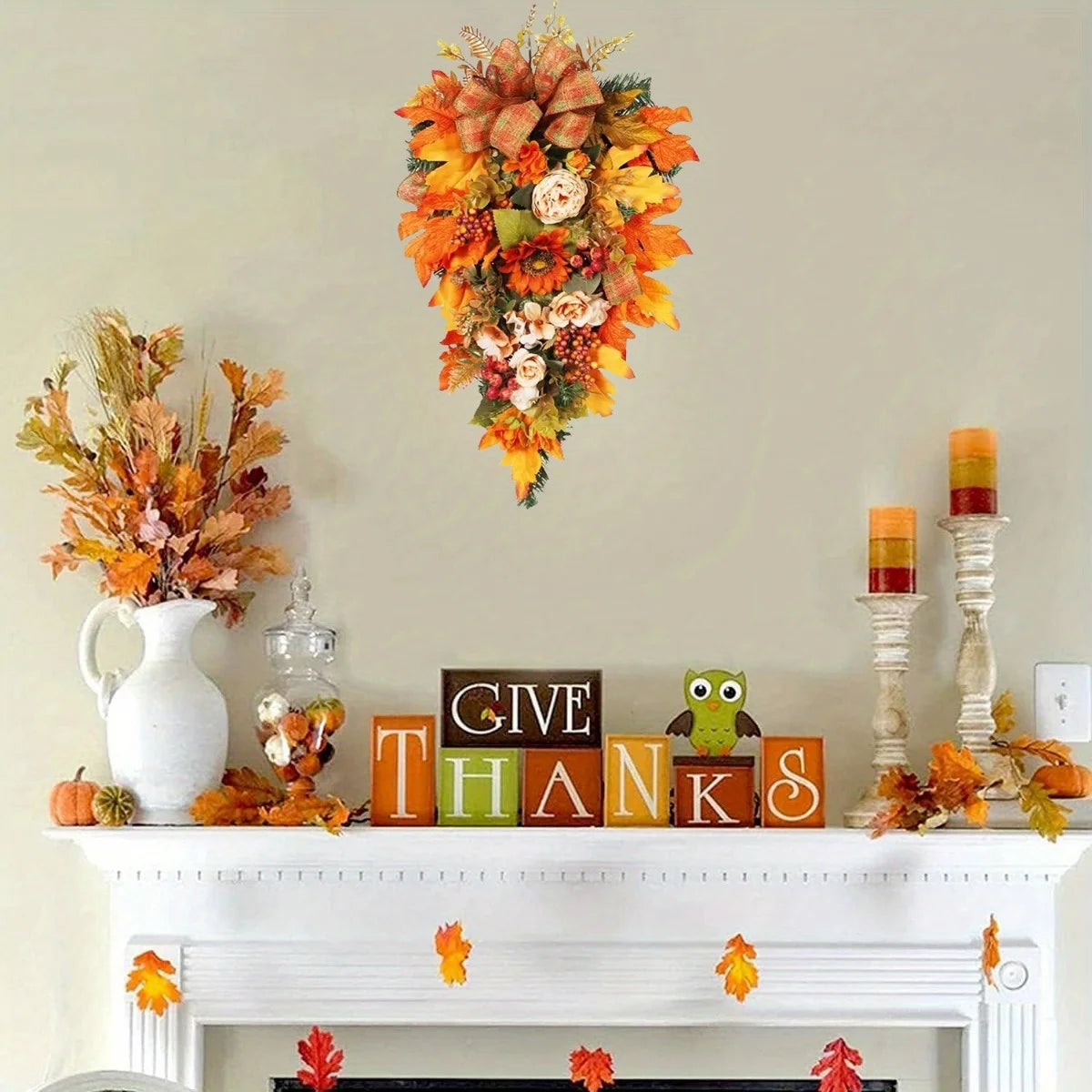 Fall Swag 21 Inch Autumn Wreaths for Front Door Thanksgiving Door Decorations Halloween Decor Outside Garland Artificial