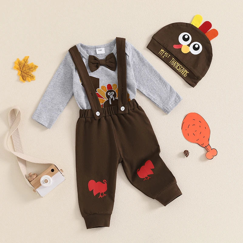Baby Boy First Thanksgiving Outfit Turkey Print Long Sleeve Romper Suspender Pants Hat 3 Piece Set for Fall