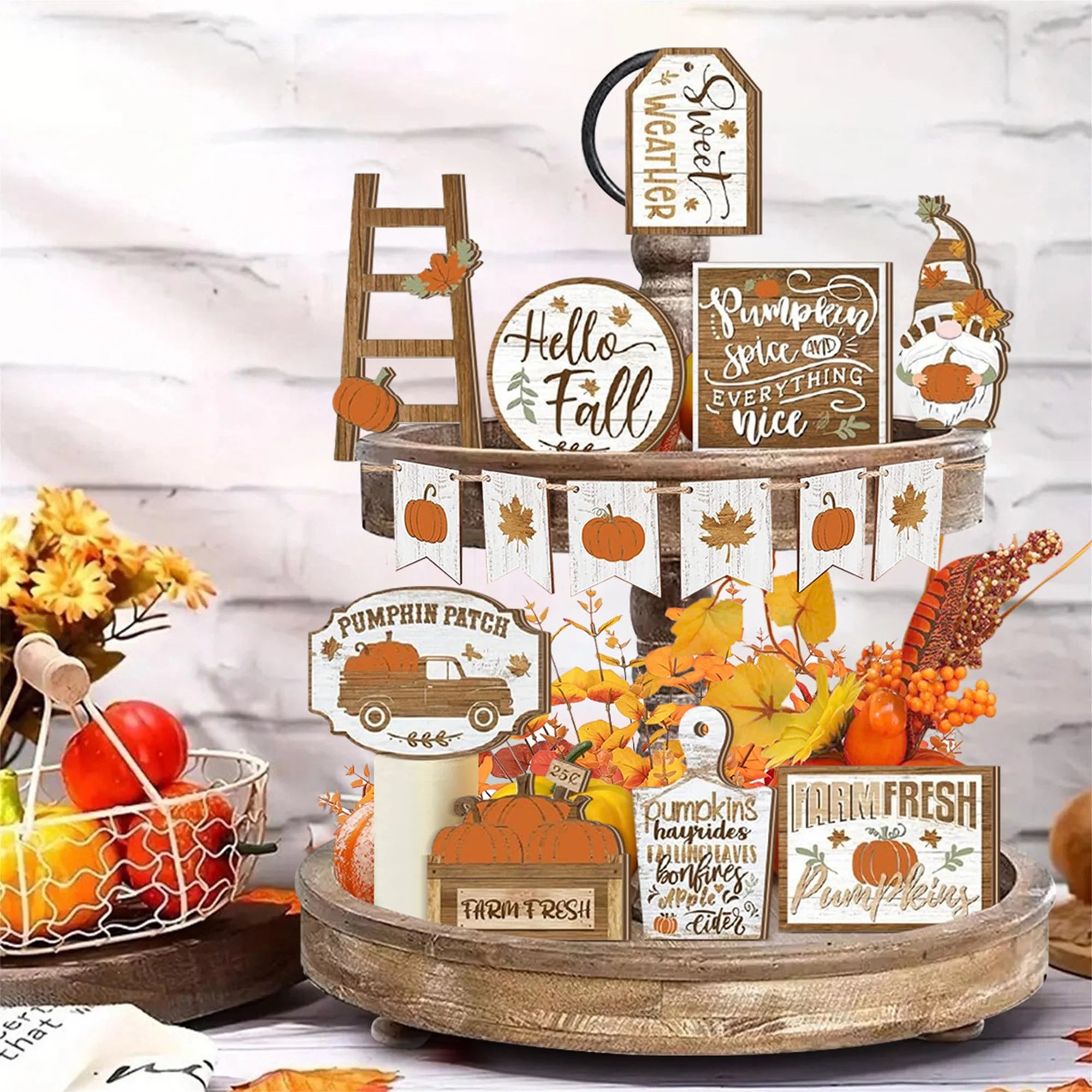 Fall Harvest Wooden Pumpkin and Maple Leaf Table Centerpiece Set of 12 Thanksgiving Tiered Tray Decorations for Home and Party