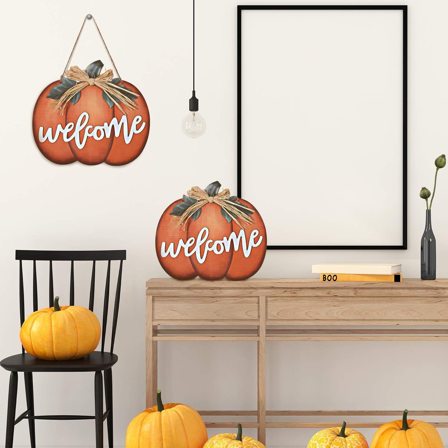 Fall Decor Pumpkin Welcome Sign Thanksgiving Door Hanger Wooden Pumpkin Decor Hanging Porch Sign for Autumn Harvest Thanksgiving Farmhouse Wall Decoration(Orange)