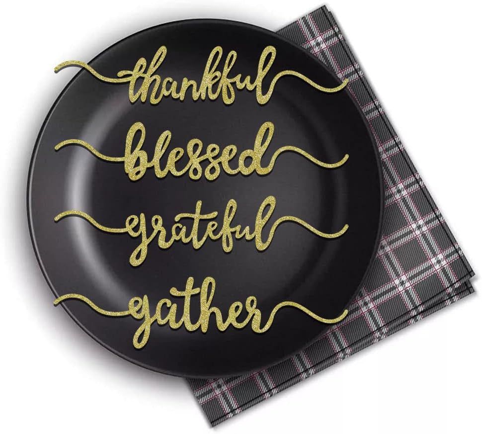 8 Pcs Thanksgiving Plate Cards, Thanksgiving Table Decorations Grateful Thankful Blessed Gather Place Card Plate Decors for Home Party (Gold)