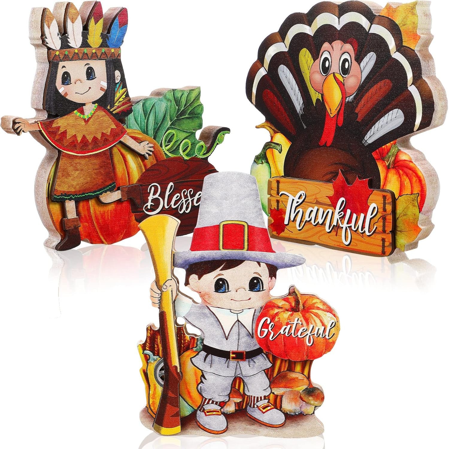 3 Pieces Thanksgiving Decorations Indoor Table Centerpiece for Home Wooden Signs Autumn Harvest Turkey Display for Thanksgiving Party Supplies (Indian Girl, Turkey, Pilgrim Style)